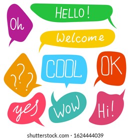 Vector set of bright varied speech bubbles. Doodle style speaking bubbles isolated on white background. Stickers with emotional phrases.