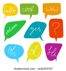 Vector set of bright varied speech bubbles. Doodle style speaking bubbles isolated on white background. Stickers with emotional phrases.