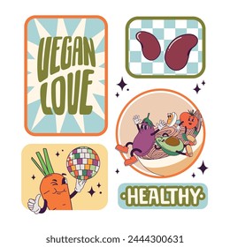 Vector set of bright vegetable stickers. Hand drawn poster for propaganda of healthy eating 