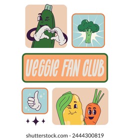 Vector set of bright vegetable stickers. Hand drawn poster for propaganda of vegetables