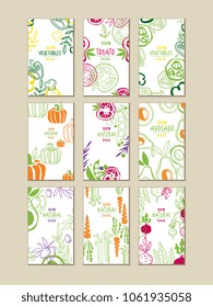 Vector set of bright vertical cards with fresh vegetables. Organic farm food. Vegetarian nutrition. Hand drawn design for promo poster of grocery store or product emblem