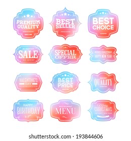 Vector set of bright vintage labels for greetings and promotion. Premium Quality Guarantee, Bestseller, Best Choice, Sale, Special Offer, Christmas, Valentine's Day, Birthday. Blurred background.