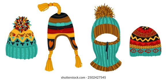 Vector set of bright warm knitted winter hats isolated on white background.