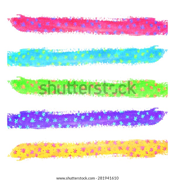 Vector set of bright\
watercolor  washi tape strips or brush strokes or dividers with\
flowers. Editable isolated elements for your design. Freehand\
banner. Acrylic stamp.