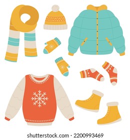 Vector set of bright winter clothes. Sweaters, socks, hat, mittens, scarf, boots jacket.