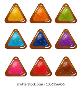 Vector set of bright wooden-plated glossy triangle buttons for a game user interface or other design works