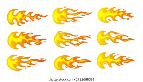Conjunto de Vector de color amarillo brillante símbolo de fuego. Colección del diseño plano del estilo de la historieta de la llama ardiente del fuego. Ilustración de la lengua del brillo diferente del icono de la llama en el fondo blanco para el Anuncio
