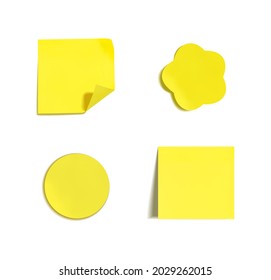 Vector set of bright yellow stickers isolated on white background, square and circle shapes.