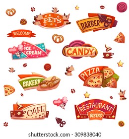 Vector set of brightly banners for market, shop and restaurant