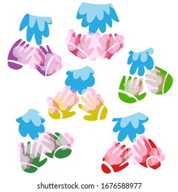 Vector set of brightly colored open human palms, washing up with soap and water