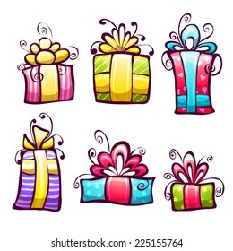 Vector set of brightly gift cartoon box.