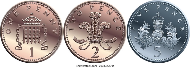Vector Set british coin one, two, five pence, reverses with Portcullis and crown, plume of ostrich feathers within coronet and Thistle royally crowned