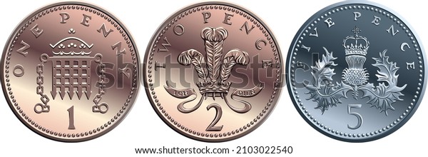Vector Set british coin one, two, five pence,\
reverses with Portcullis and crown, plume of ostrich feathers\
within coronet and Thistle royally\
crowned