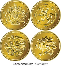 vector set of the British money gold coins with the image of a heraldic lion, unicorn, shield and crown, isolated on white background