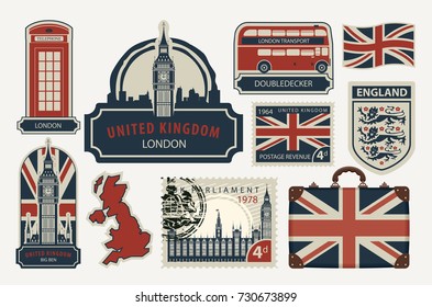 Vector set of British symbols, stamps, architectural landmarks and flag of the United Kingdom in retro style