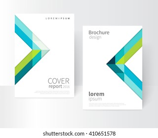 Vector set brochure cover template. Blue and green diagonal lines and triangles. 
Modern abstract geometric  minimalistic background. EPS 10