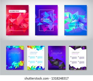 Vector set of brochure design templates, cover design, flyers. Abstract business flyer A4, geometric triangle facet style with 3d shapes 