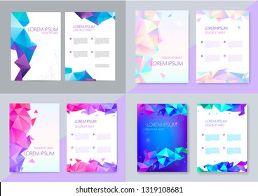 Vector set of brochure design templates, cover design, flyers. Abstract business flyer A4, geometric triangle facet style with 3d shapes 