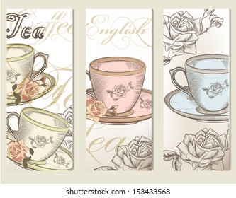 Vector set of brochures or cards with cups of tea