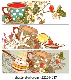 Vector set of brochures or cards with cups of tea or coffee