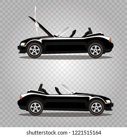 Vector set of broken black luxury cabriolet sport cartoon car with opened hood covered with smoke. Car crash before and after. Clip art illustration isolated on transparent background.