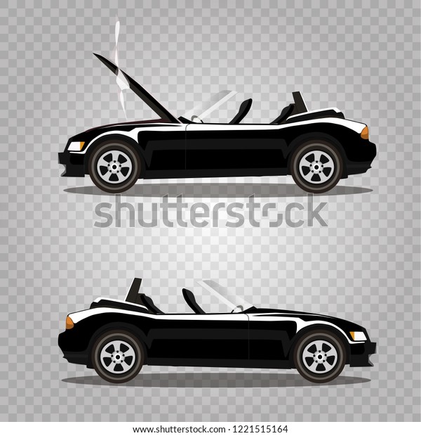 Vector\
set of broken black luxury cabriolet sport cartoon car with opened\
hood covered with smoke. Car crash before and after. Clip art\
illustration isolated on transparent\
background.