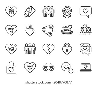 Vector set of Broken heart, Love him and Friends chat line icons set. Heart, Kiss me and Love letter icons. Wedding locker, Honeymoon travel and Like button signs. Broken heart web symbol. Vector