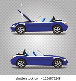 Vector set of broken navy blue luxury cabriolet sport cartoon car with opened hood covered with smoke. Car crash before and after. Clip art illustration isolated on transparent background.