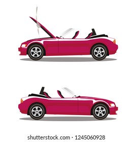 Vector set of broken pink luxury cabriolet sport cartoon car with opened hood covered with smoke. Car crash before and after. Clip art illustration isolated on white background.