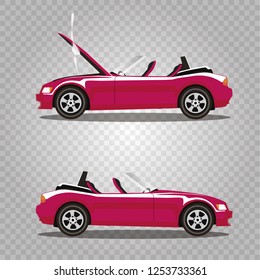Vector set of broken pink luxury cabriolet sport cartoon car with opened hood covered with smoke. Car crash before and after. Clip art illustration isolated on transparent background.