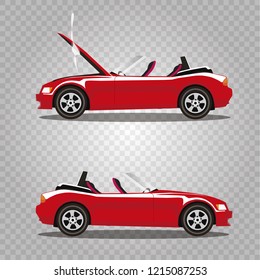 Vector set of broken red luxury cabriolet sport cartoon car with opened hood covered with smoke. Car crash before and after. Clip art illustration isolated on transparent background.