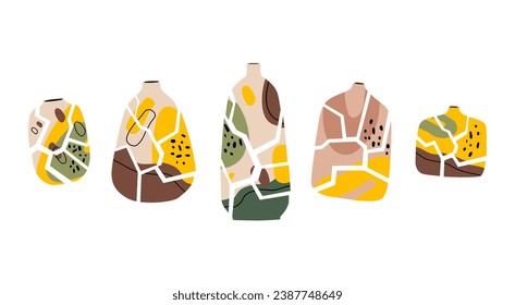 Vector set of broken vases of various shapes. Ceramic tableware hand drawn. Isolated design on a white background.