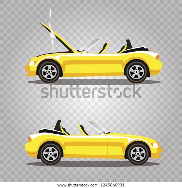 Vector\
set of broken yellow luxury cabriolet sport cartoon car with opened\
hood covered with smoke. Car crash before and after. Clip art\
illustration isolated on transparent\
background.