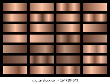 Vector Set Of Bronze Metallic Gradients, Swatches Collection, Shiny Gradient Set On Black Background, Metal Texture