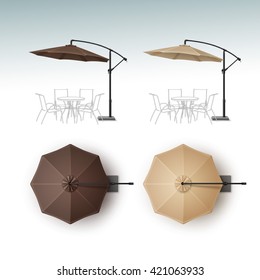 Vector Set of Brown Beige Blank Patio Outdoor Beach Cafe Bar Pub Lounge Restaurant Round Umbrella Parasol for Branding Top Side View Mock up Close up Isolated on White Background