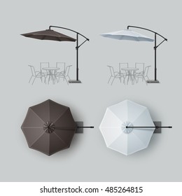 Vector Set Of Brown Black Gray White Blank Patio Outdoor Beach Cafe Bar Pub Lounge Restaurant Round Umbrella Parasol For Branding Top Side View Mock Up Close Isolated On Background