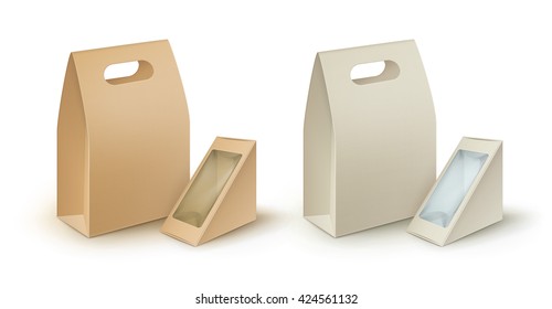 Vector Set of Brown Blank Cardboard Rectangle Triangle Take Away Handle Lunch Boxes Packaging For Sandwich, Food, Gift, Other Products with Plastic Window Mock up Close up Isolated on White Background