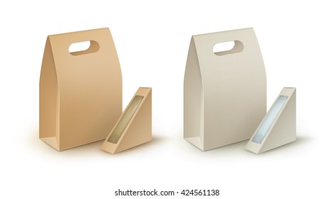 Vector Set of Brown Blank Cardboard Rectangle Triangle Take Away Handle Lunch Boxes Packaging For Sandwich, Food, Gift, Other Products with Plastic Window Mock up Close up Isolated on White Background