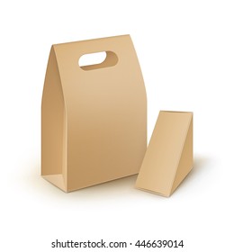 Vector Set of Brown Blank Cardboard Rectangle Triangle Take Away Handle Lunch Boxes Packaging For Sandwich, Food, Gift, Other Products Mock up Close Isolated on White Background
