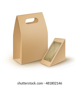 Vector Set of Brown Blank Cardboard Rectangle Triangle Take Away Handle Lunch Boxes Packaging For Sandwich, Food, Gift, Other Products with Plastic Window Mock up Close up Isolated on White Background