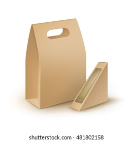 Vector Set of Brown Blank Cardboard Rectangle Triangle Take Away Handle Lunch Boxes Packaging For Sandwich, Food, Gift, Other Products with Plastic Window Mock up Close up Isolated on White Background