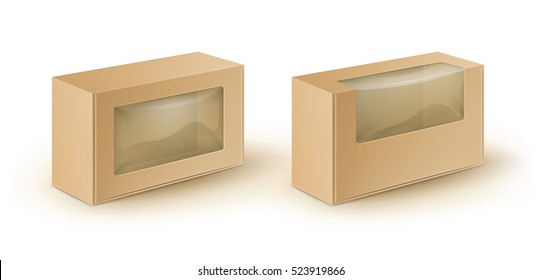 Vector Set of Brown Blank Cardboard Rectangle Take Away Boxes Packaging For Sandwich, Food, Gift, Other Products with Plastic Window Mock up Close up Isolated on White Background