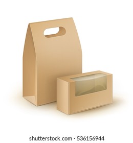 Vector Set of Brown Blank Cardboard Rectangle Take Away Handle Lunch Boxes Packaging For Sandwich, Food, Gift, Other Products with plastic windows Mock up Close up Isolated on White Background