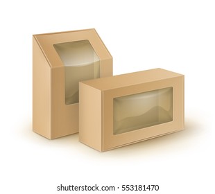 Vector Set of Brown Blank Cardboard Rectangle Take Away Boxes Packaging For Sandwich, Food, Gift, Other Products with Plastic Window Mock up Close up Isolated on White Background