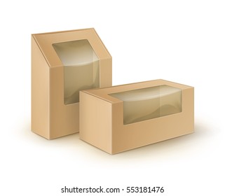 Vector Set of Brown Blank Cardboard Rectangle Take Away Boxes Packaging For Sandwich, Food, Gift, Other Products with Plastic Window Mock up Close up Isolated on White Background