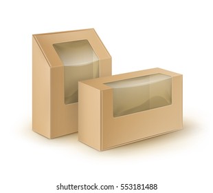 Vector Set of Brown Blank Cardboard Rectangle Take Away Boxes Packaging For Sandwich, Food, Gift, Other Products with Plastic Window Mock up Close up Isolated on White Background