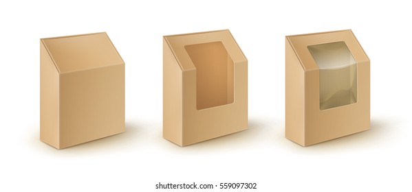 Vector Set of Brown Blank Cardboard Rectangle Take Away Boxes Packaging For Sandwich, Food, Gift, Other Products without with Plastic Window Mock up Close up Isolated on White Background