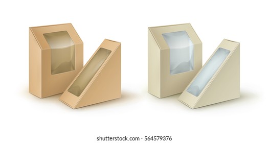 Vector Set of Brown Blank Cardboard Rectangle Triangle Take Away Boxes Packaging For Sandwich, Food, Gift, Other Products with Plastic Window Mock up Close up Isolated on White Background