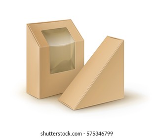 Vector Set of Brown Blank Cardboard Rectangle Triangle Take Away Boxes Packaging For Sandwich, Food, Gift, Other Products with Plastic Window Mock up Close up Isolated on White Background