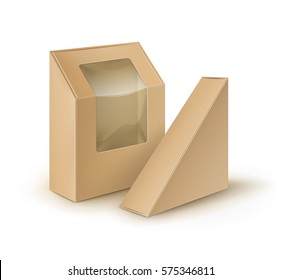 Vector Set of Brown Blank Cardboard Rectangle Triangle Take Away Boxes Packaging For Sandwich, Food, Gift, Other Products with Plastic Window Mock up Close up Isolated on White Background